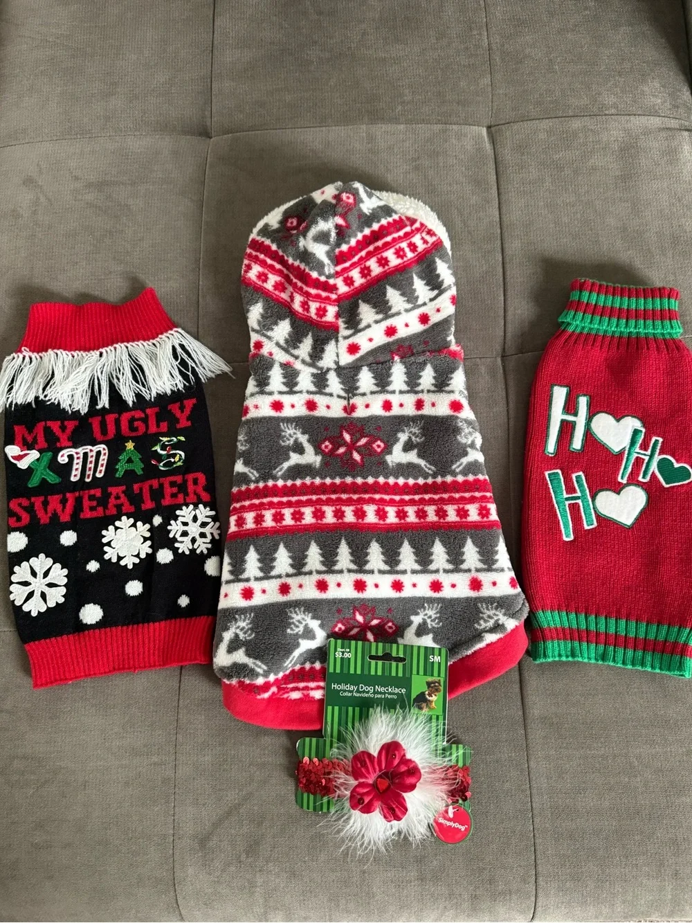 Holiday Dog Bundle - 2 Sweaters, Fleece, and Necklace, Size Small